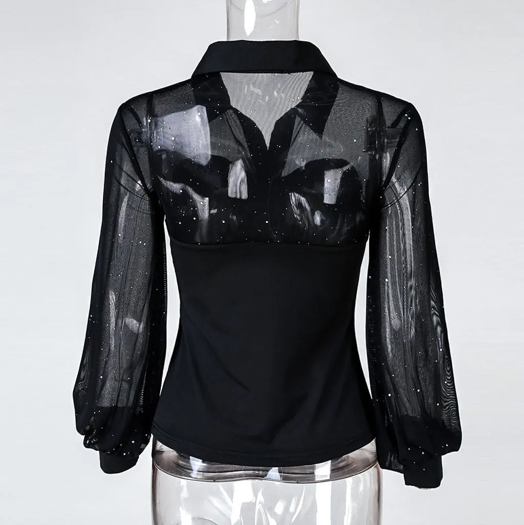Blouse Mesh robe femme Long Sleeve V Neck Arm