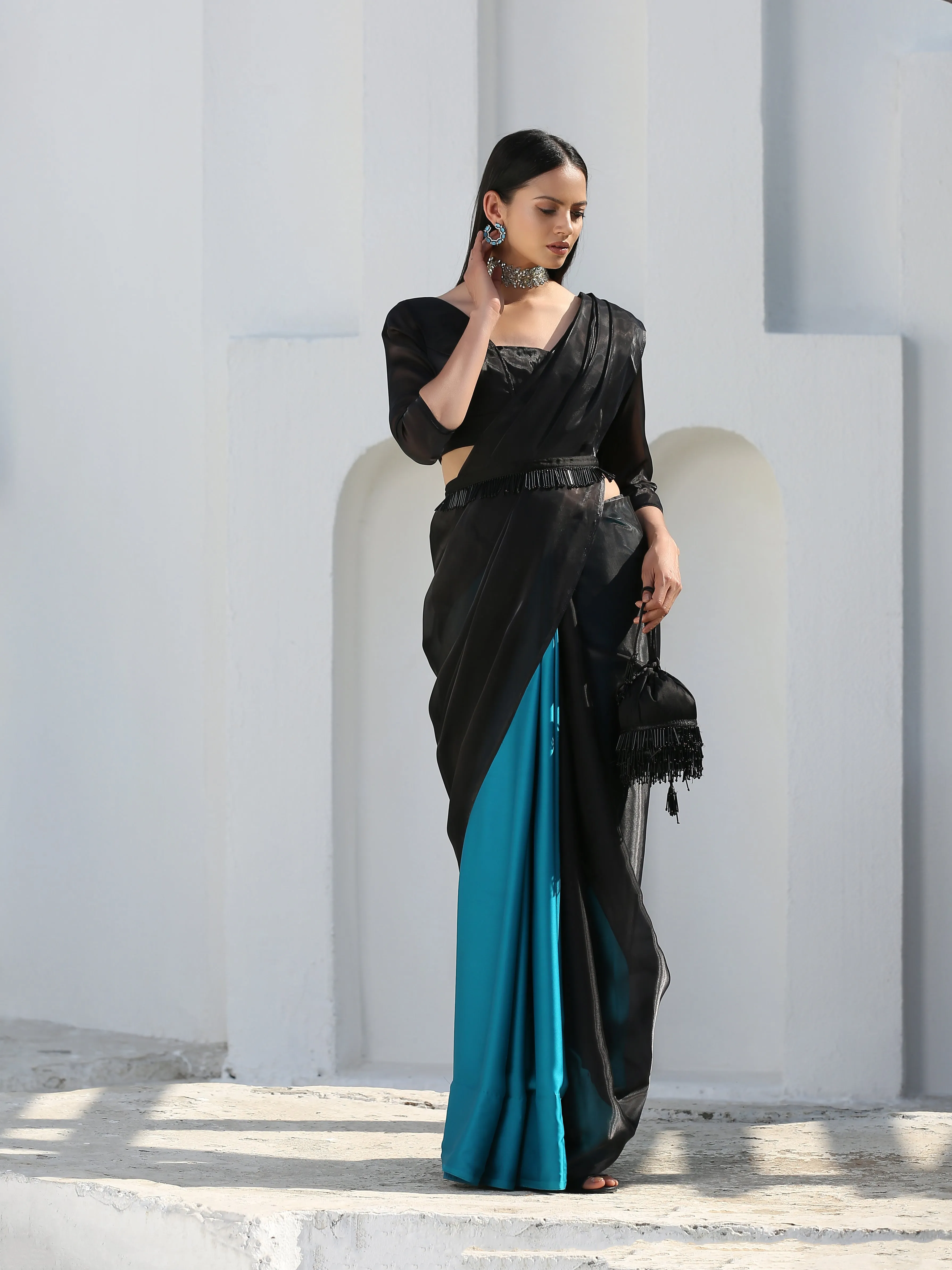 Blouse - Raven Black Organza V Neck