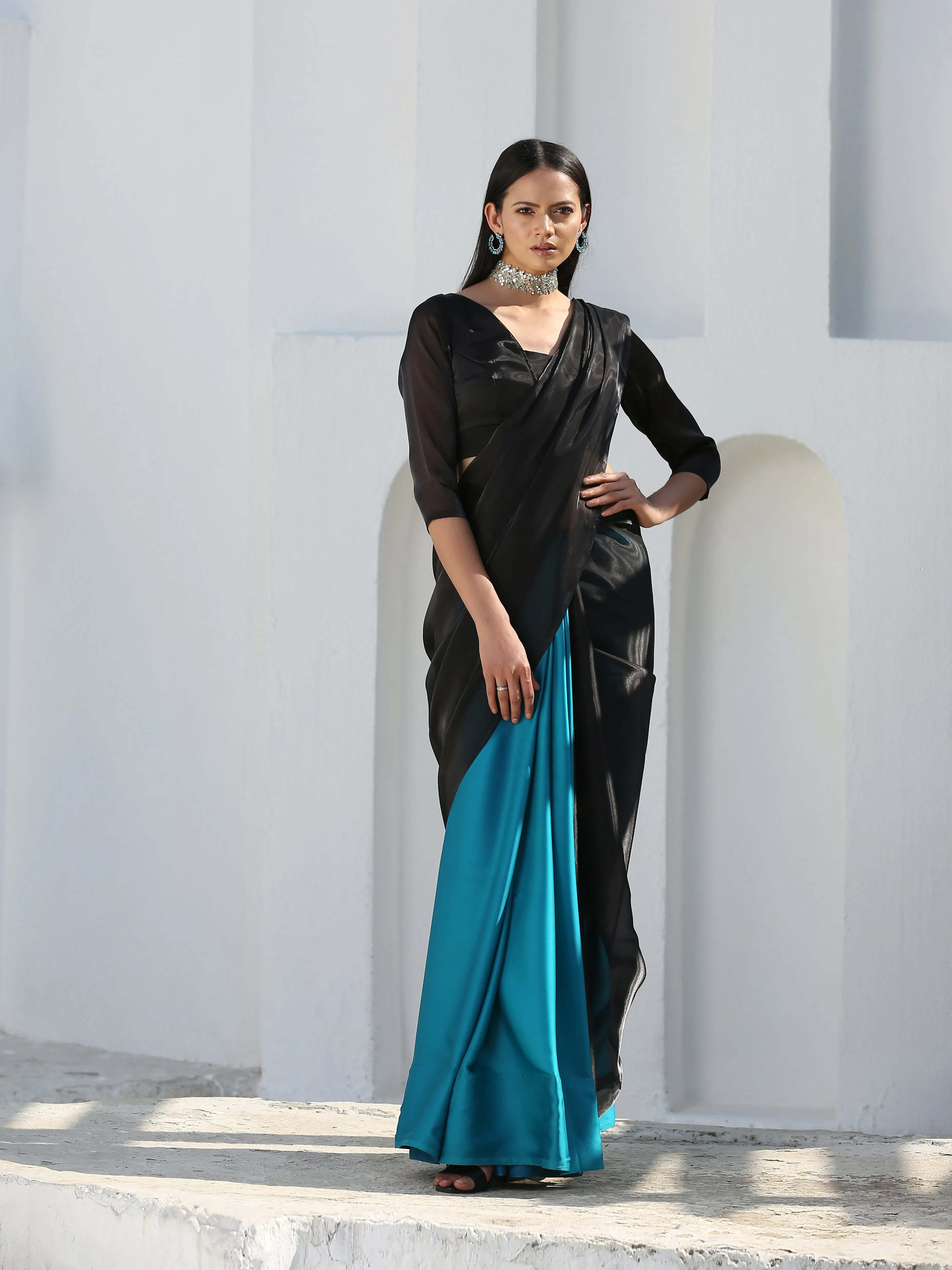 Blouse - Raven Black Organza V Neck