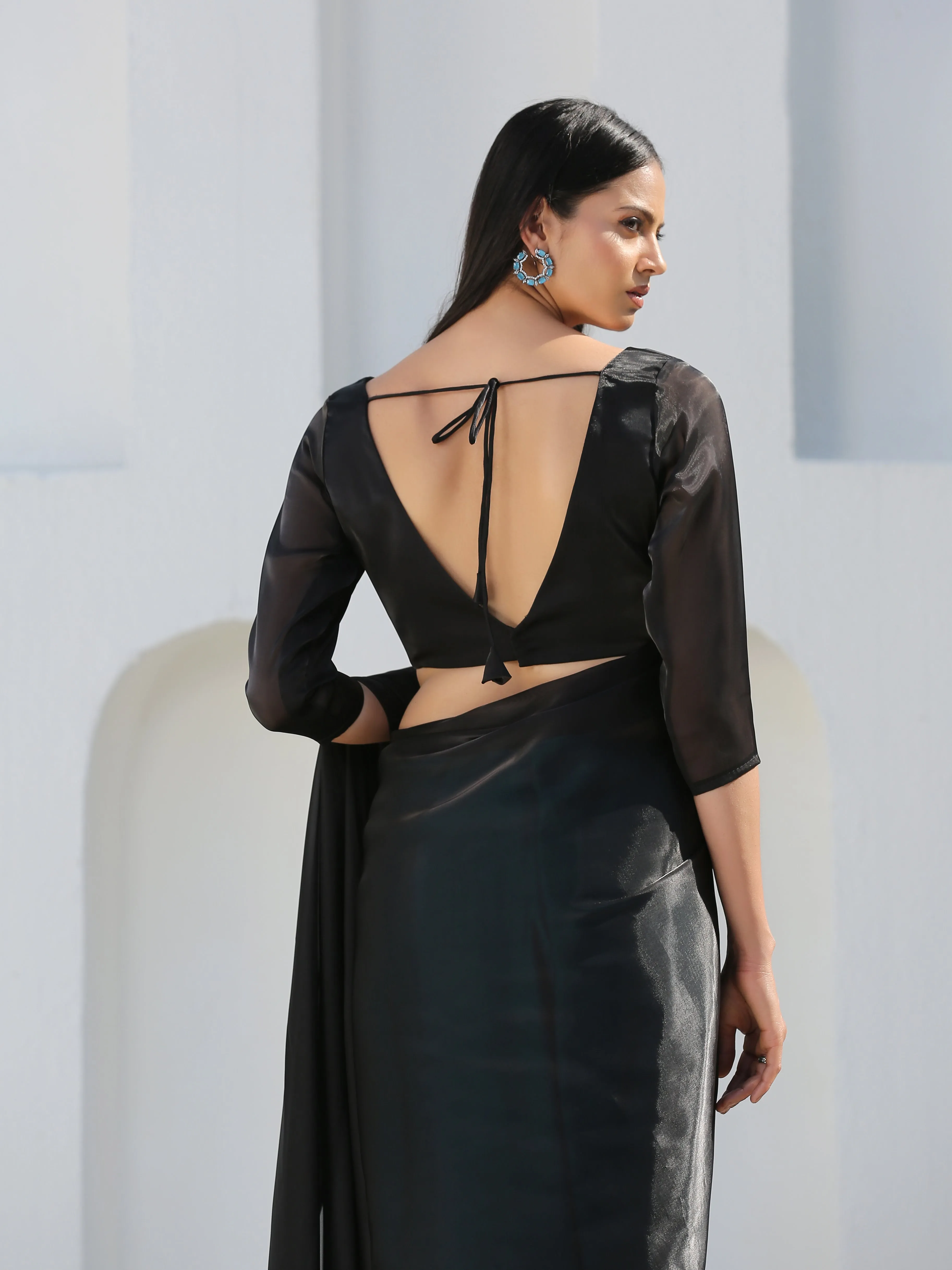Blouse - Raven Black Organza V Neck