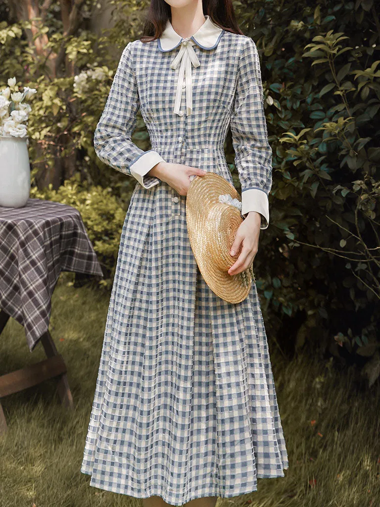 Blue And White Plaid  Long Sleeve 1950S Vintage Dress