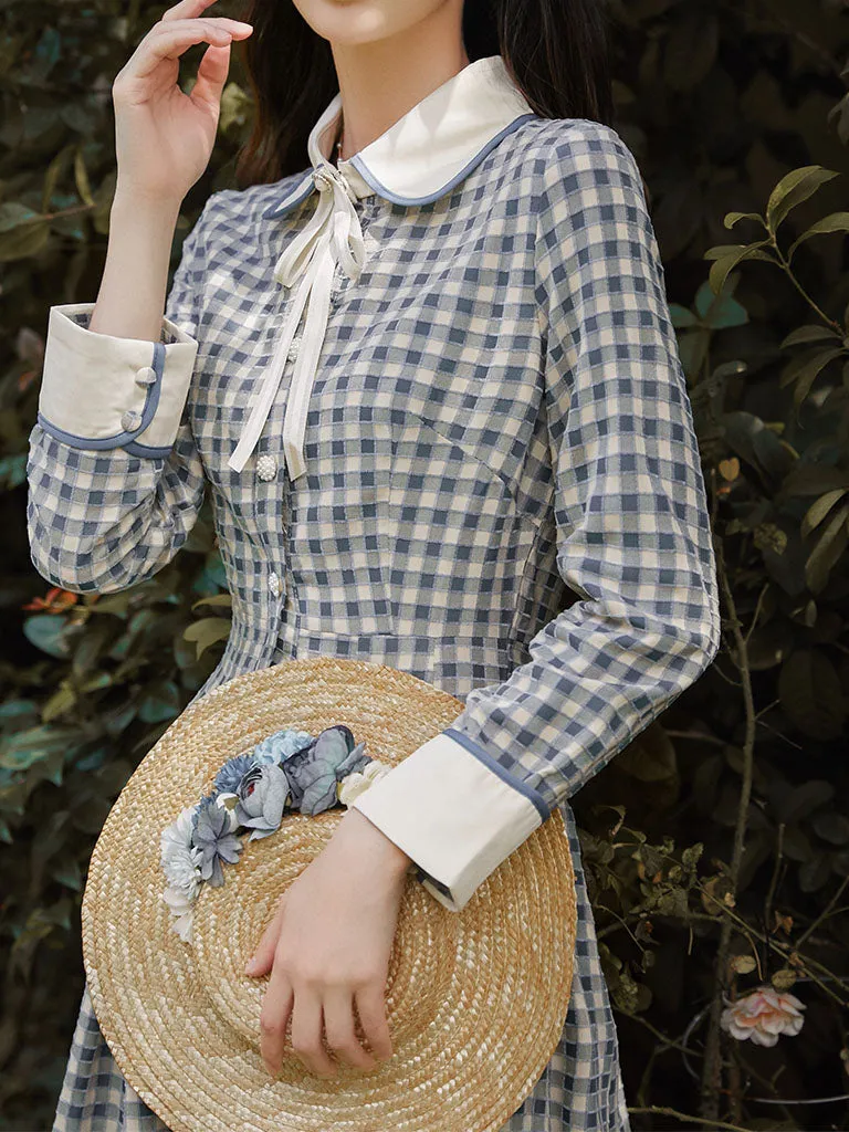 Blue And White Plaid  Long Sleeve 1950S Vintage Dress