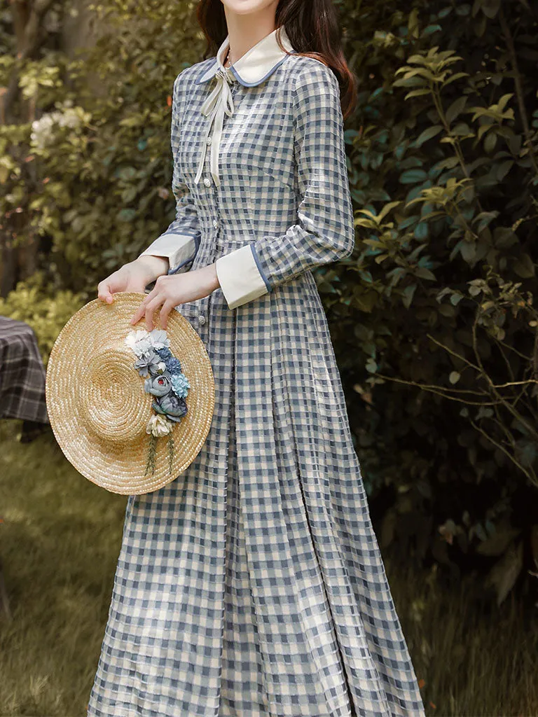 Blue And White Plaid  Long Sleeve 1950S Vintage Dress