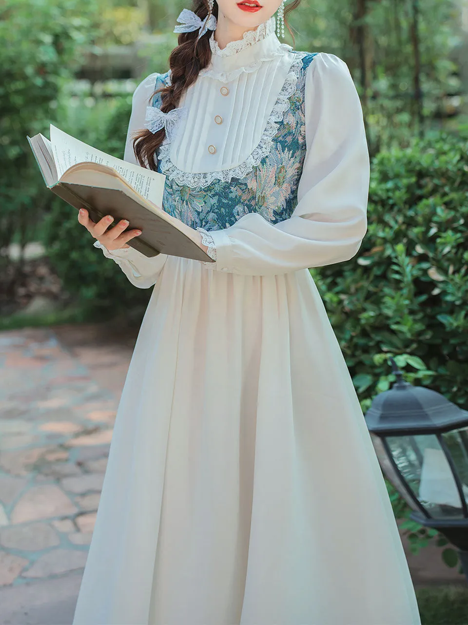 Blue Flower Lace Ruffles Edwardian Revival Dress