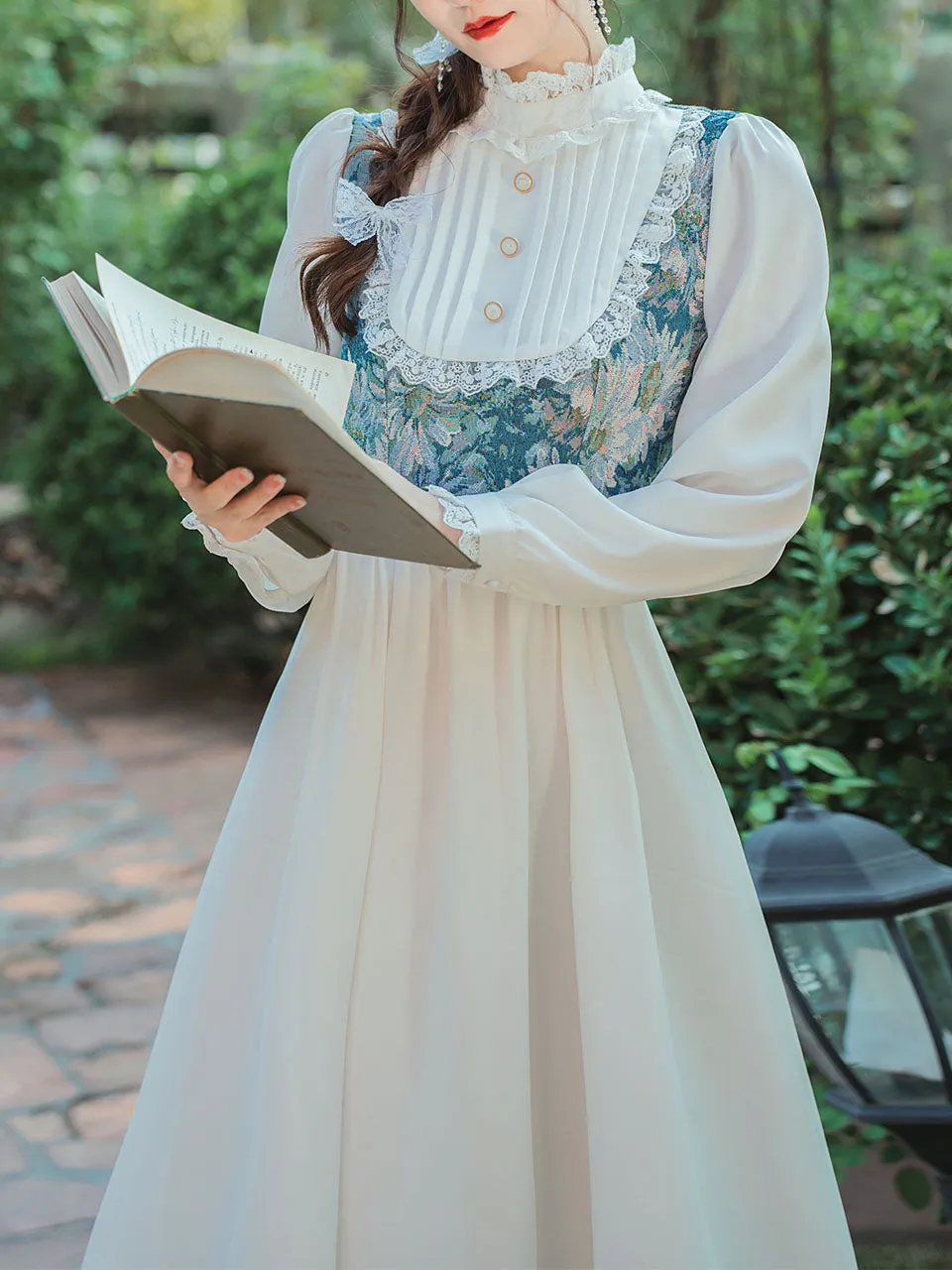 Blue Flower Lace Ruffles Edwardian Revival Dress
