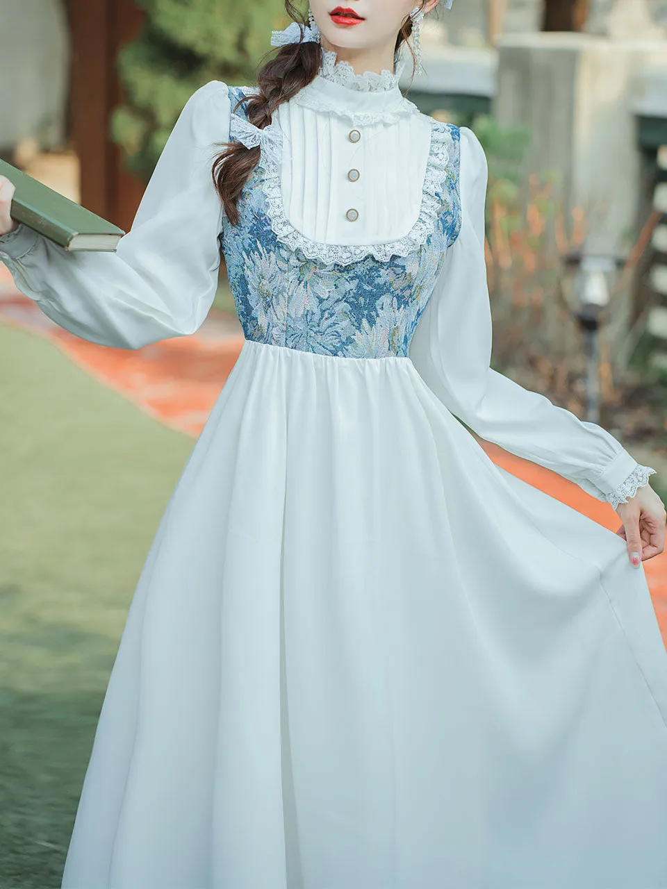 Blue Flower Lace Ruffles Edwardian Revival Dress