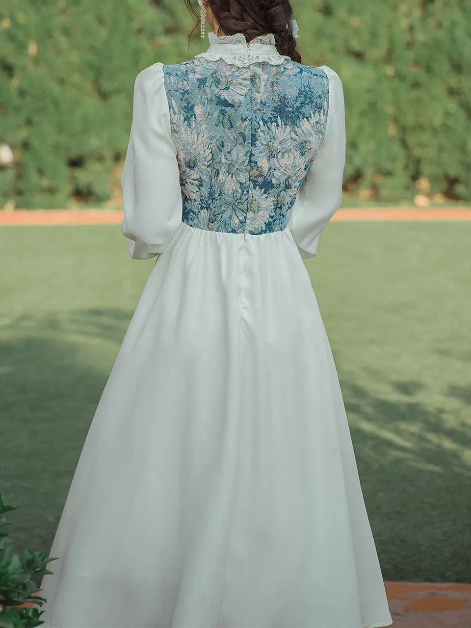 Blue Flower Lace Ruffles Edwardian Revival Dress