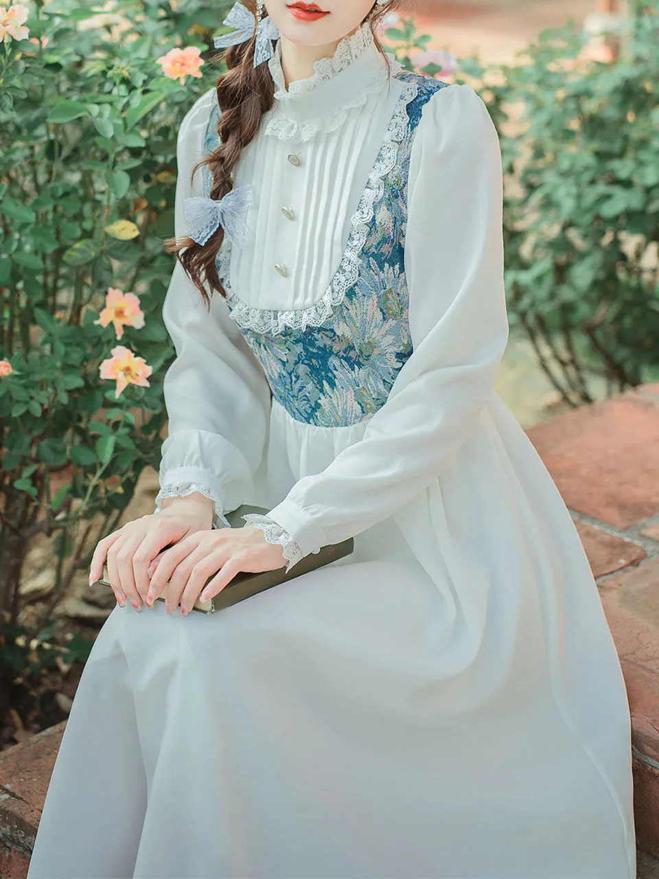 Blue Flower Lace Ruffles Edwardian Revival Dress