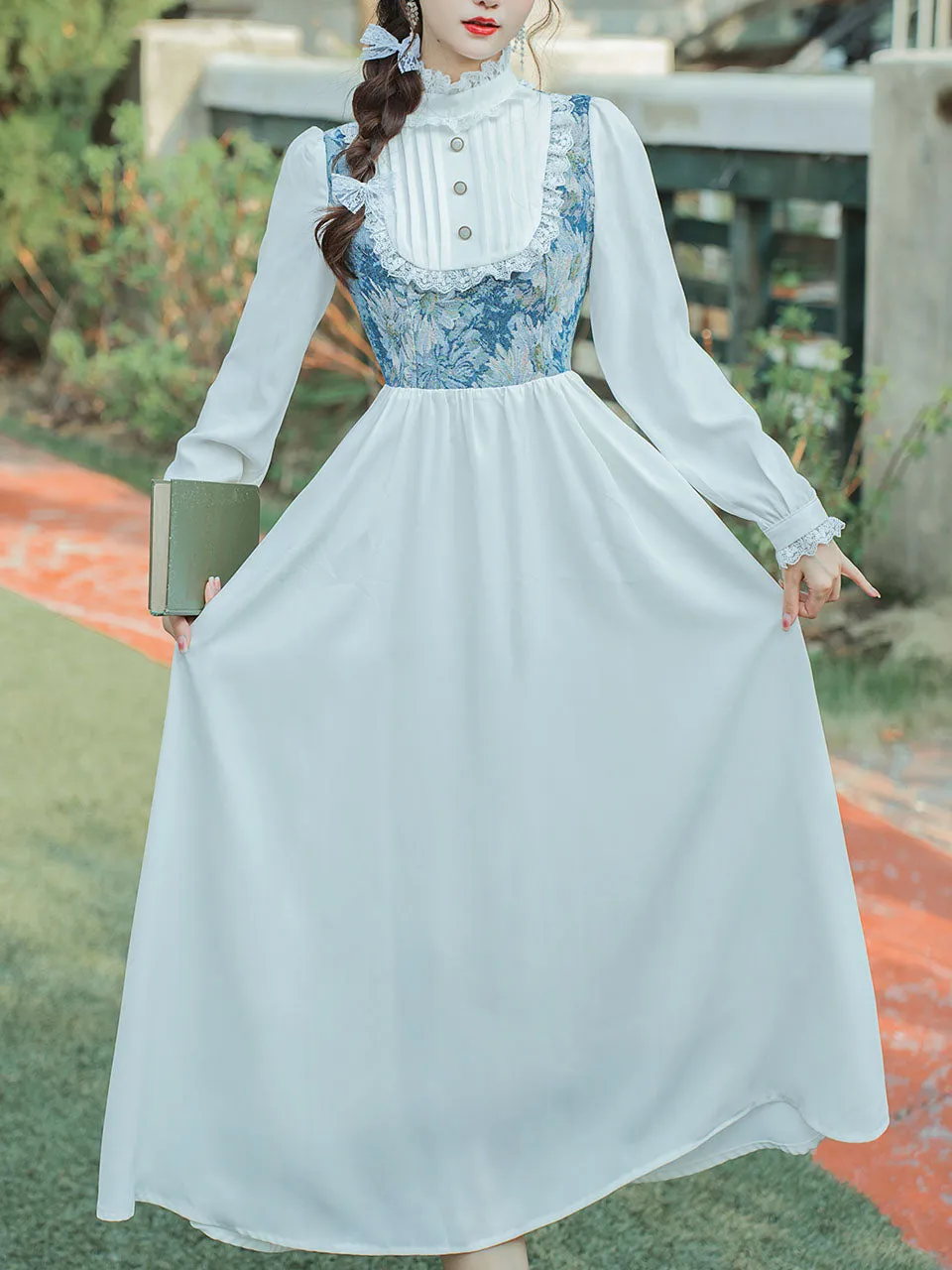 Blue Flower Lace Ruffles Edwardian Revival Dress