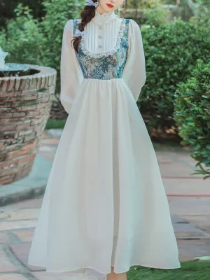 Blue Flower Lace Ruffles Edwardian Revival Dress