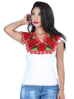 Blusa Artesanal Cuello V Bordada de Flores para Mujer