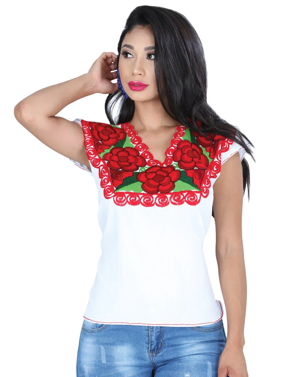 Blusa Artesanal Cuello V Bordada de Flores para Mujer
