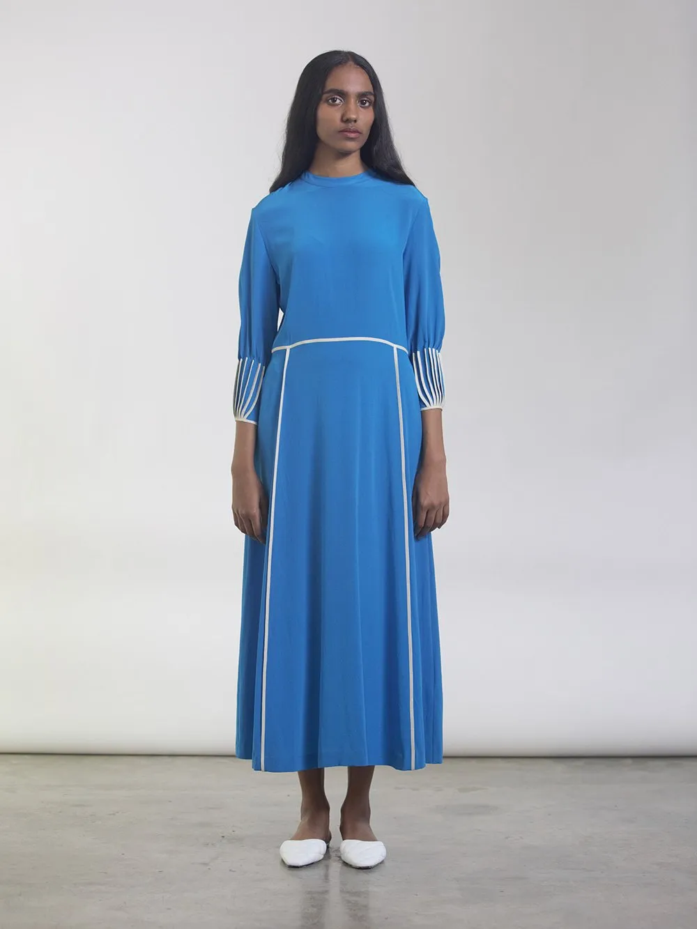 Bodice   I   Dress-This-Fit-Flare-Dress-Is-Made-From-A-Fluid-And-100-Silk-Crepe-The-Dress-Has-Contrast-Cream-Binding-As-Detailing-On-The-Cuffs-And-To-Accent-The-Seams-Down-The-Front-The-Dress-Also-Features-Pockets-On-Each-Side