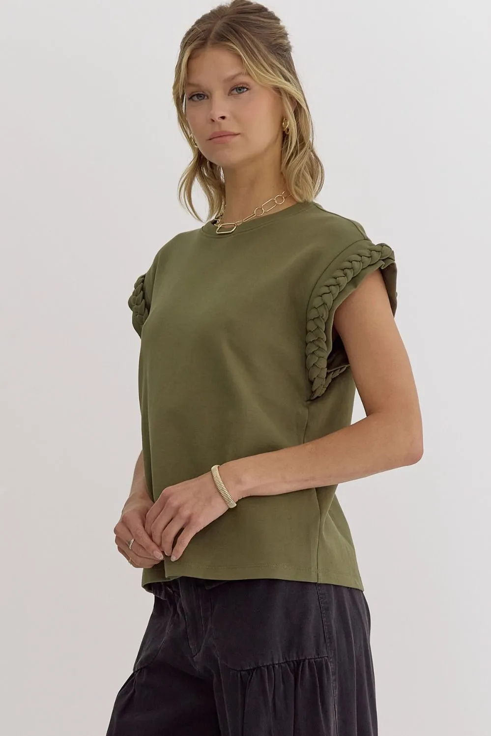 Braided Cap Sleeve Top {Olive}