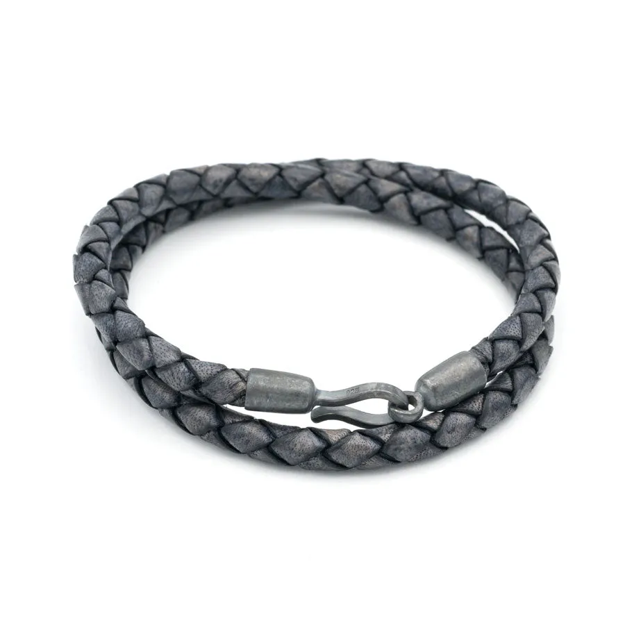 Braided Leather Double Wrap with Blackened Silver Hook