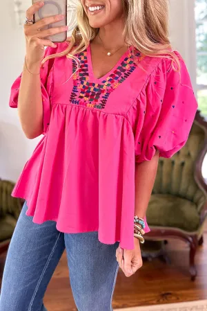 Bright Pink Geometric Embroidered Bubble Sleeve V Neck Blouse