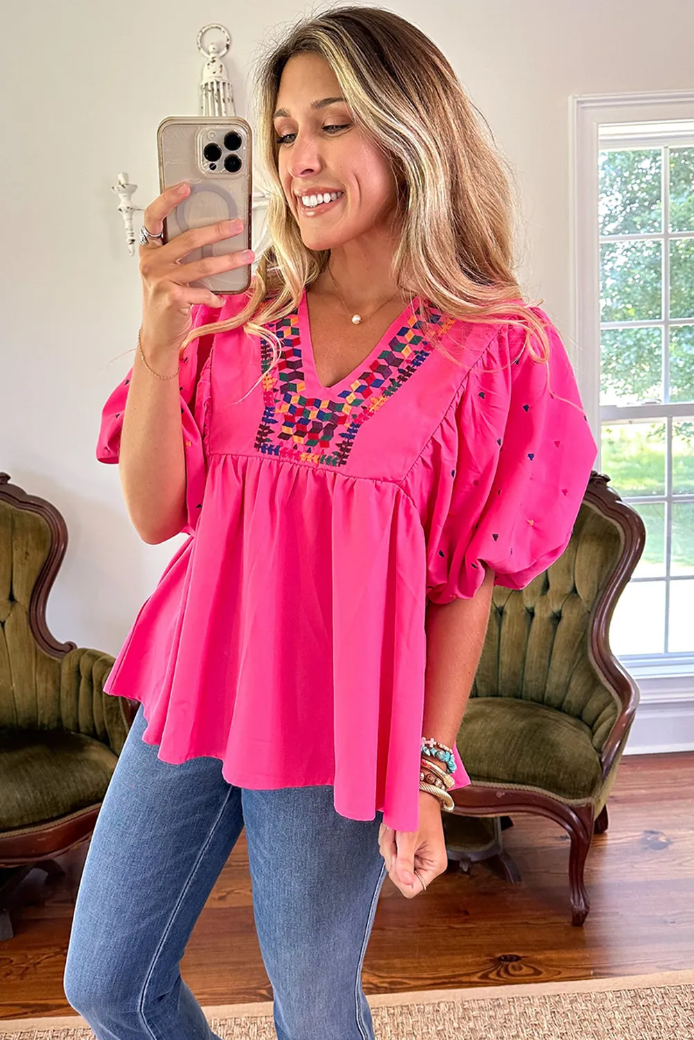 Bright Pink Geometric Embroidered Bubble Sleeve V Neck Blouse
