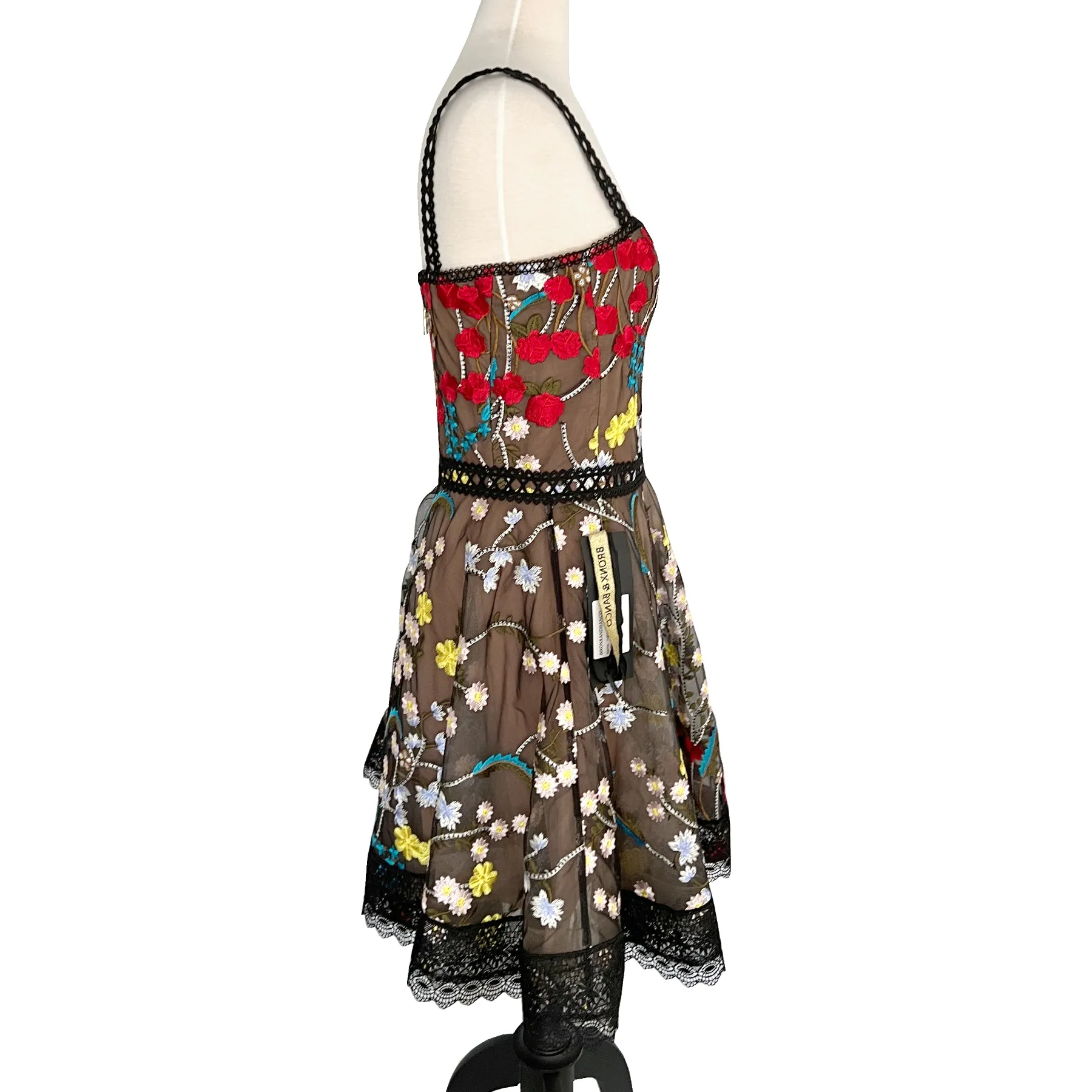 Bronx and Banco Ivana Flower Embroidered Tulle Flare Skirt Lace Trim Mini Dress Size US 8