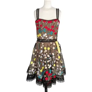 Bronx and Banco Ivana Flower Embroidered Tulle Flare Skirt Lace Trim Mini Dress Size US 8