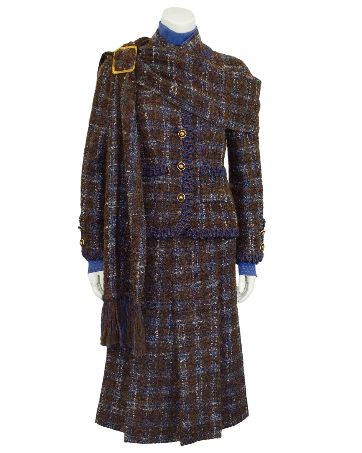Brown and Blue Haute Couture Tweed 5 Piece Skirt Suit from 1981