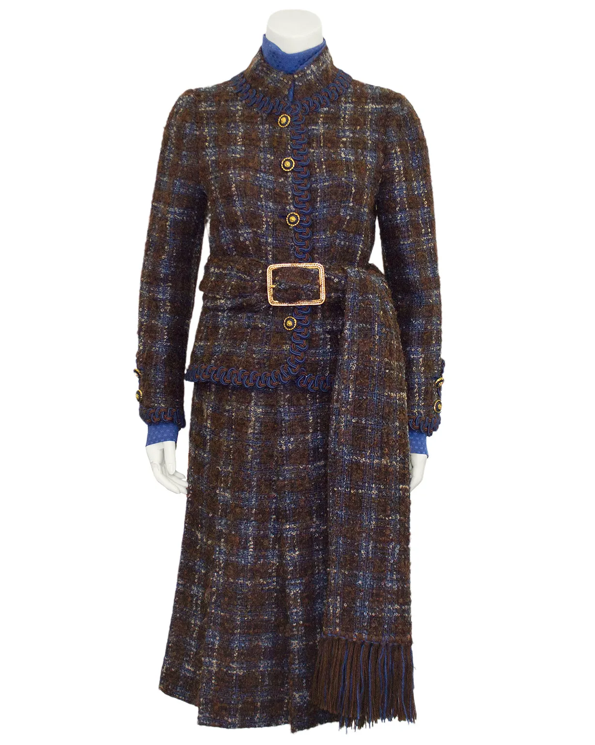 Brown and Blue Haute Couture Tweed 5 Piece Skirt Suit from 1981