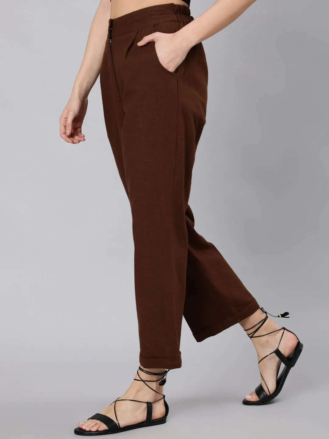 Brown Cotton Slub Straight High Rise Bottom-Fold Pants