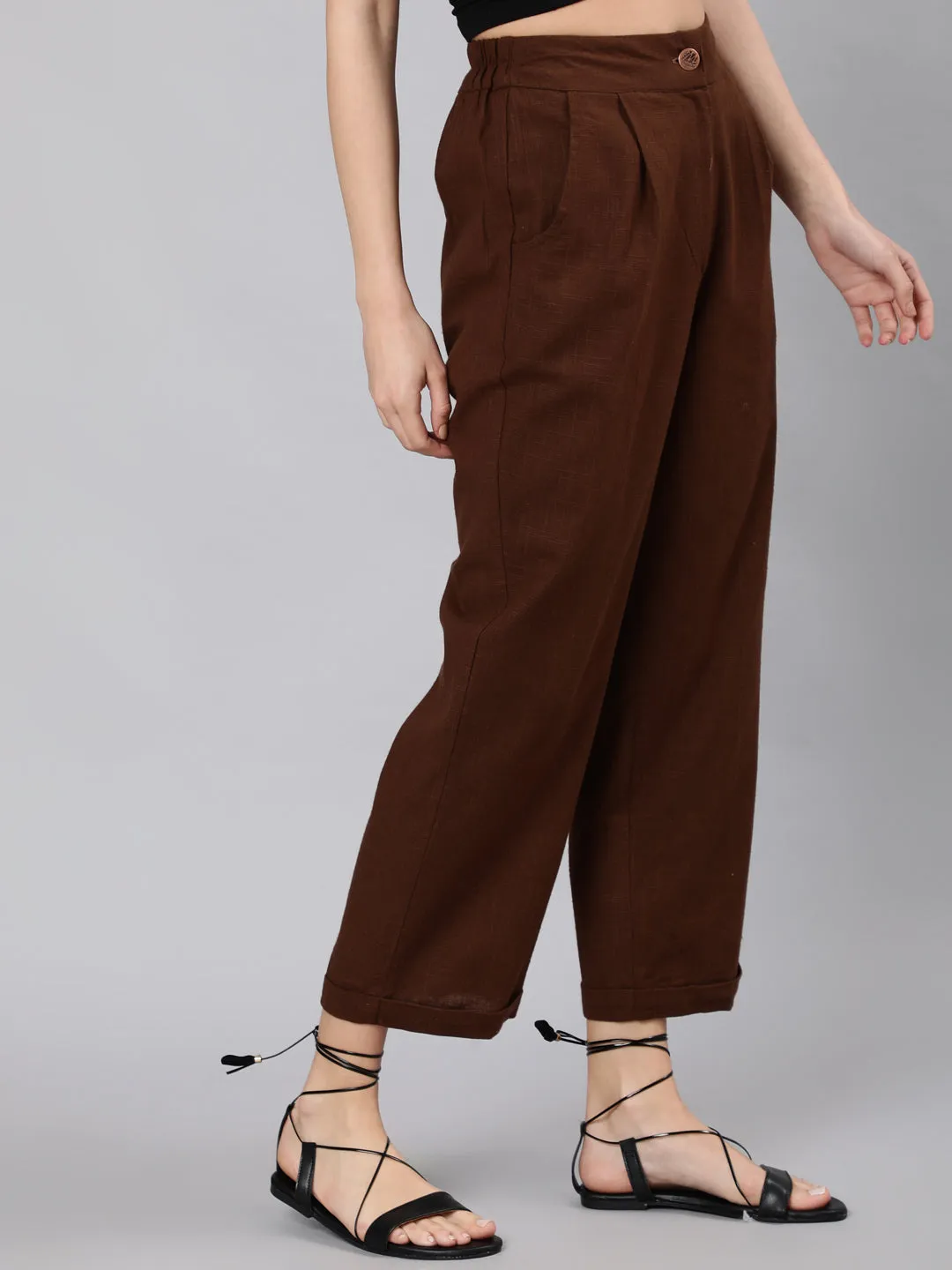 Brown Cotton Slub Straight High Rise Bottom-Fold Pants