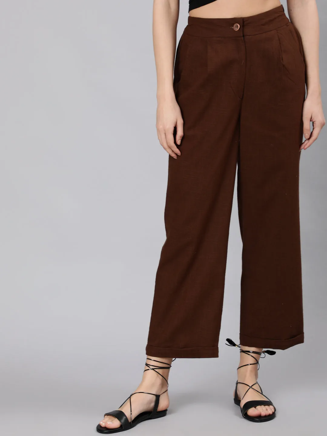 Brown Cotton Slub Straight High Rise Bottom-Fold Pants