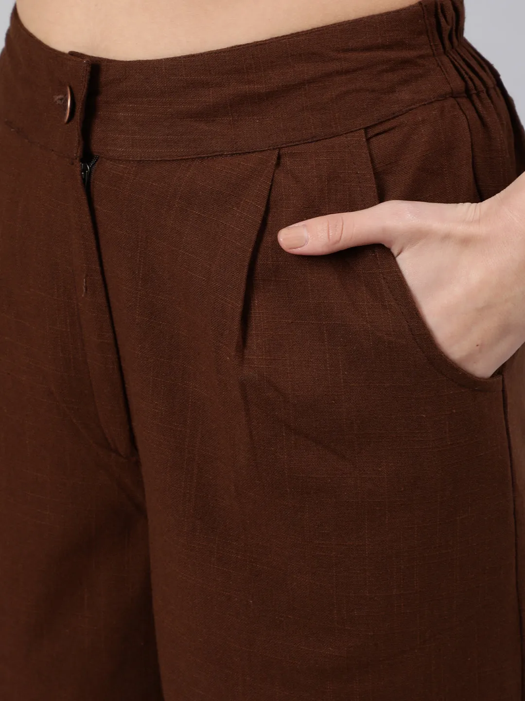 Brown Cotton Slub Straight High Rise Bottom-Fold Pants