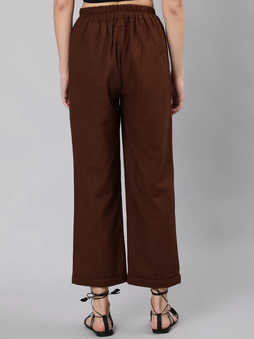 Brown Cotton Slub Straight High Rise Bottom-Fold Pants