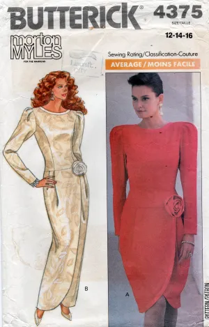 Butterick 4375 MORTON MYLES Womens Lined Dropped Waist Asymmetric Evening Dress with Tulip Hem 1980s Vintage Sewing Pattern Size 12 & 14