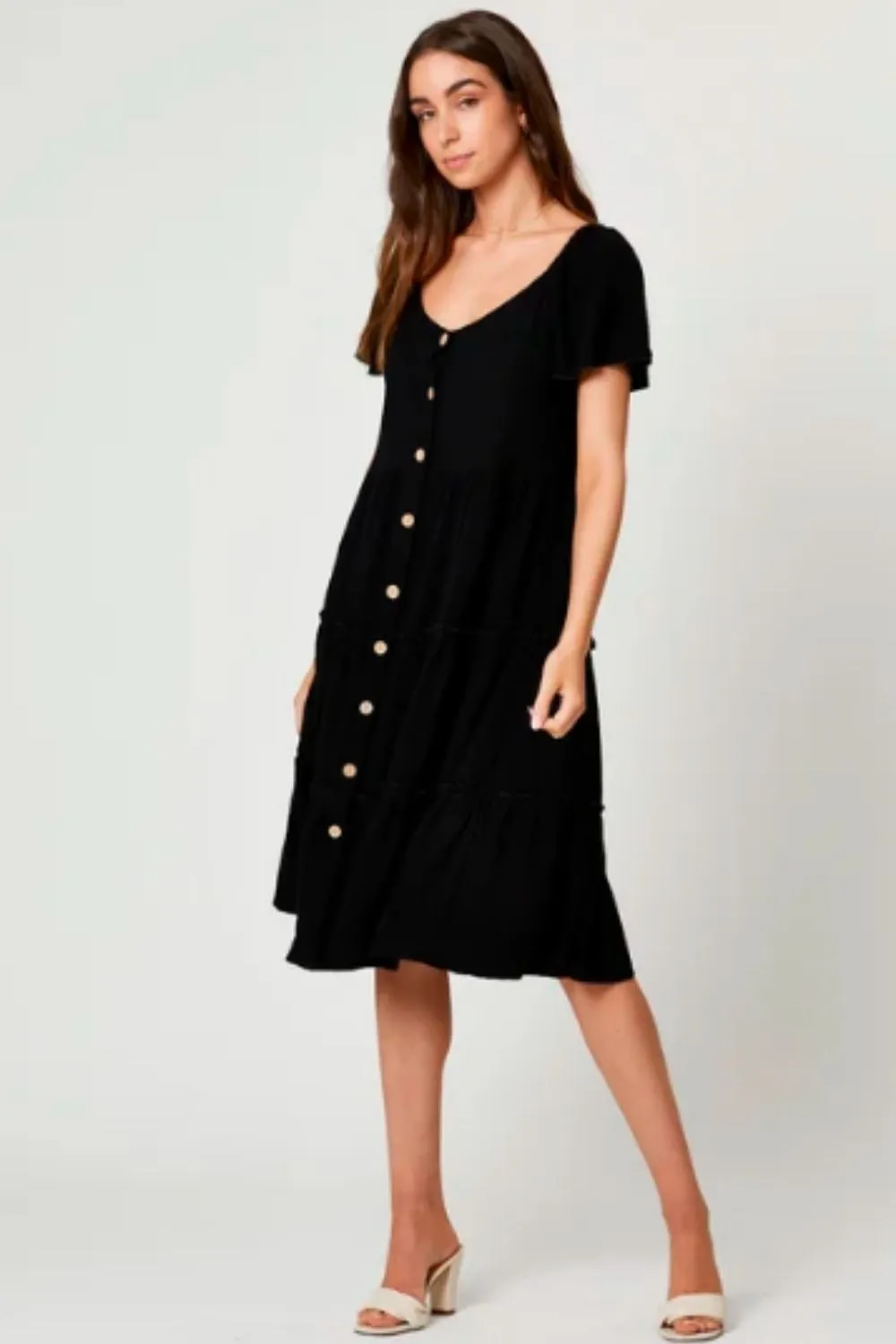 Button Front Ruffle Midi Dress