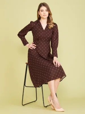 Camla Barcelona Lapel Collar Printed Brown Fit And Flare Dress