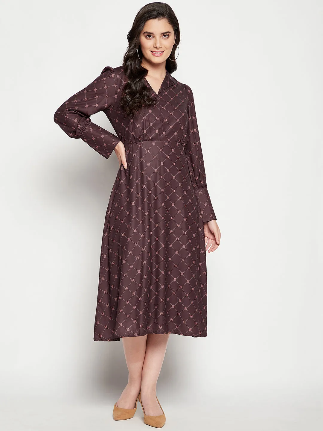 Camla Barcelona Lapel Collar Printed Brown Fit And Flare Dress