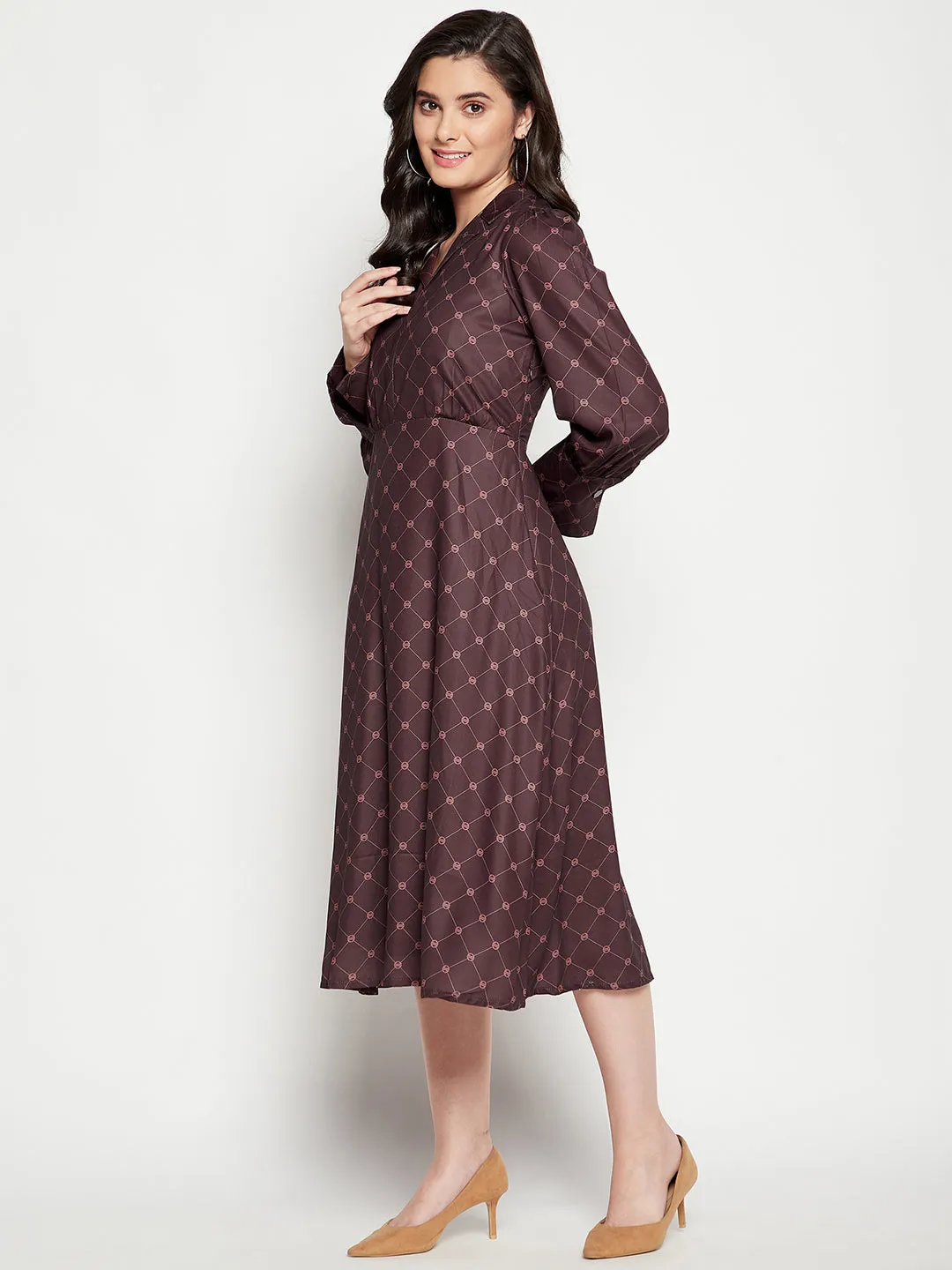 Camla Barcelona Lapel Collar Printed Brown Fit And Flare Dress