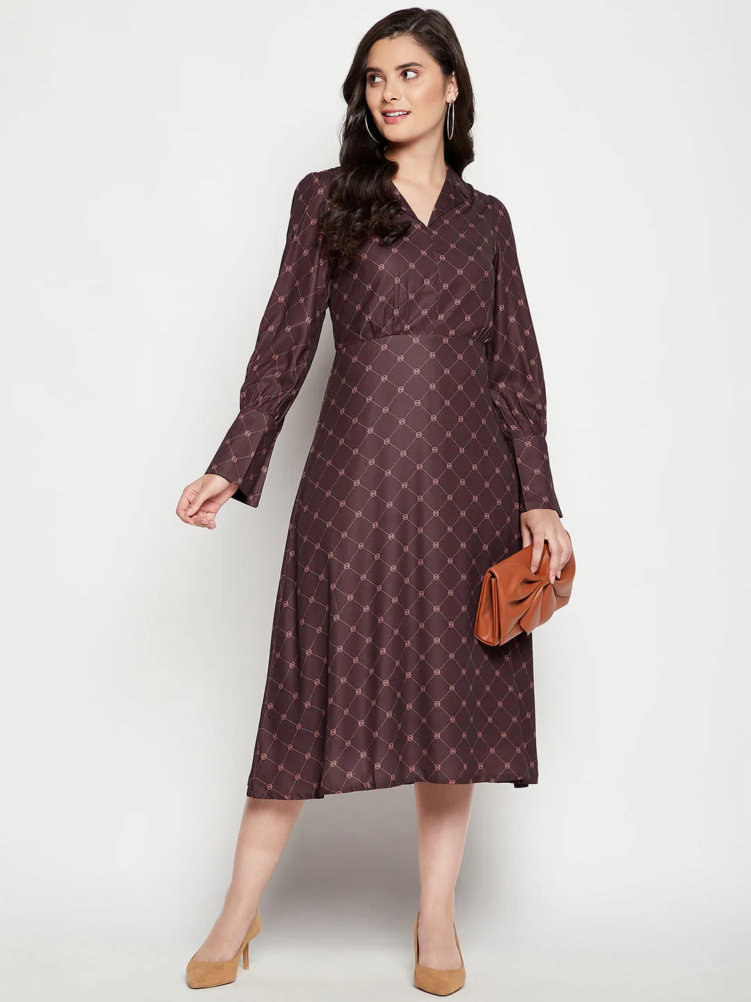 Camla Barcelona Lapel Collar Printed Brown Fit And Flare Dress