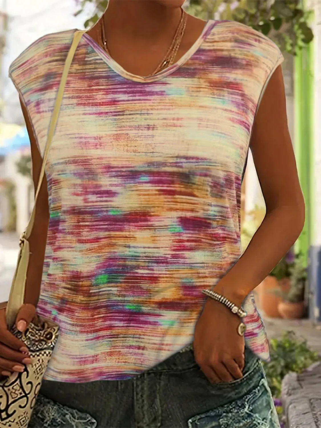 Carla Printed Round Neck Cap Sleeve Top