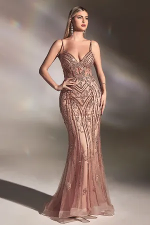 CD CD992 - In-Line Beaded Lace Embellished Fit & Flare Prom Gown with Sheer Boned Bodice