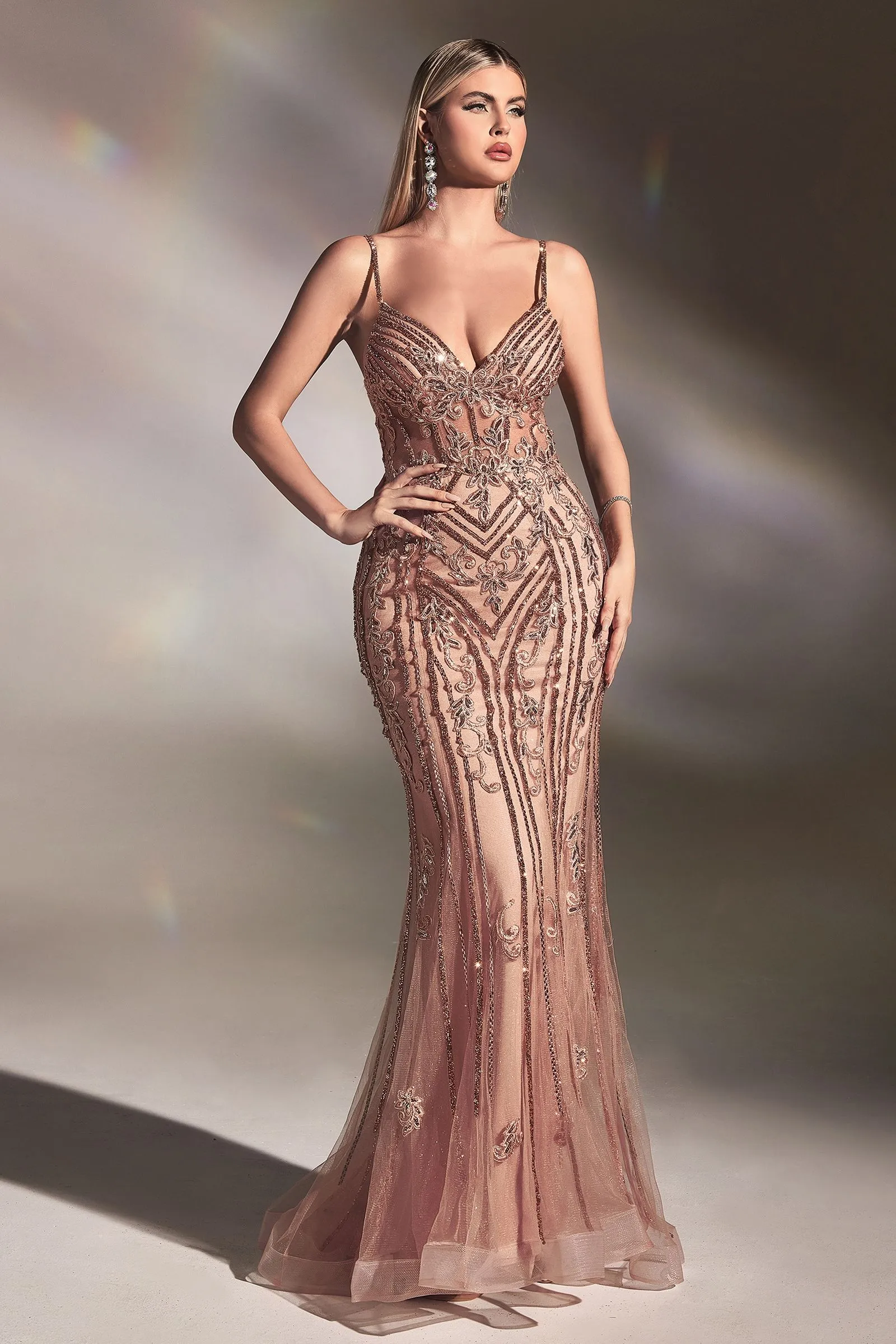 CD CD992 - In-Line Beaded Lace Embellished Fit & Flare Prom Gown with Sheer Boned Bodice