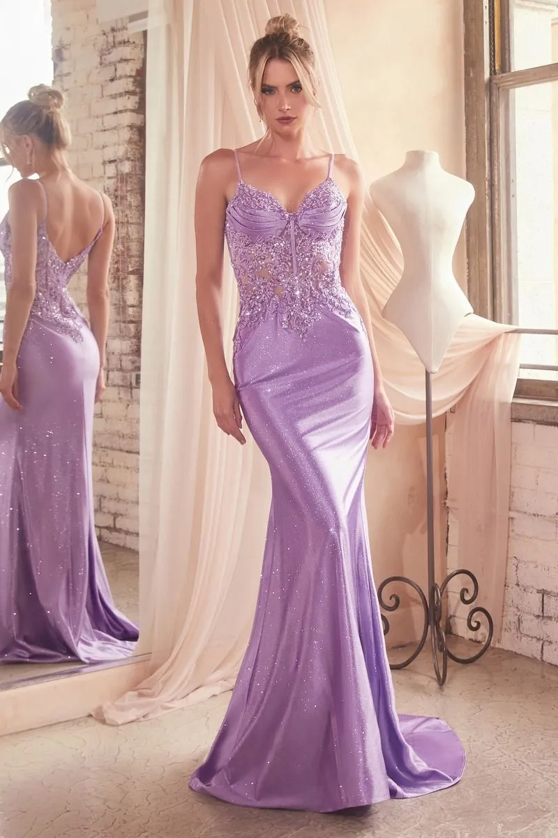 CD CDS450 - Shimmery Stretch Satin Fit & Flare Prom Gown with Sequin Accented Sheer Boned Bodice