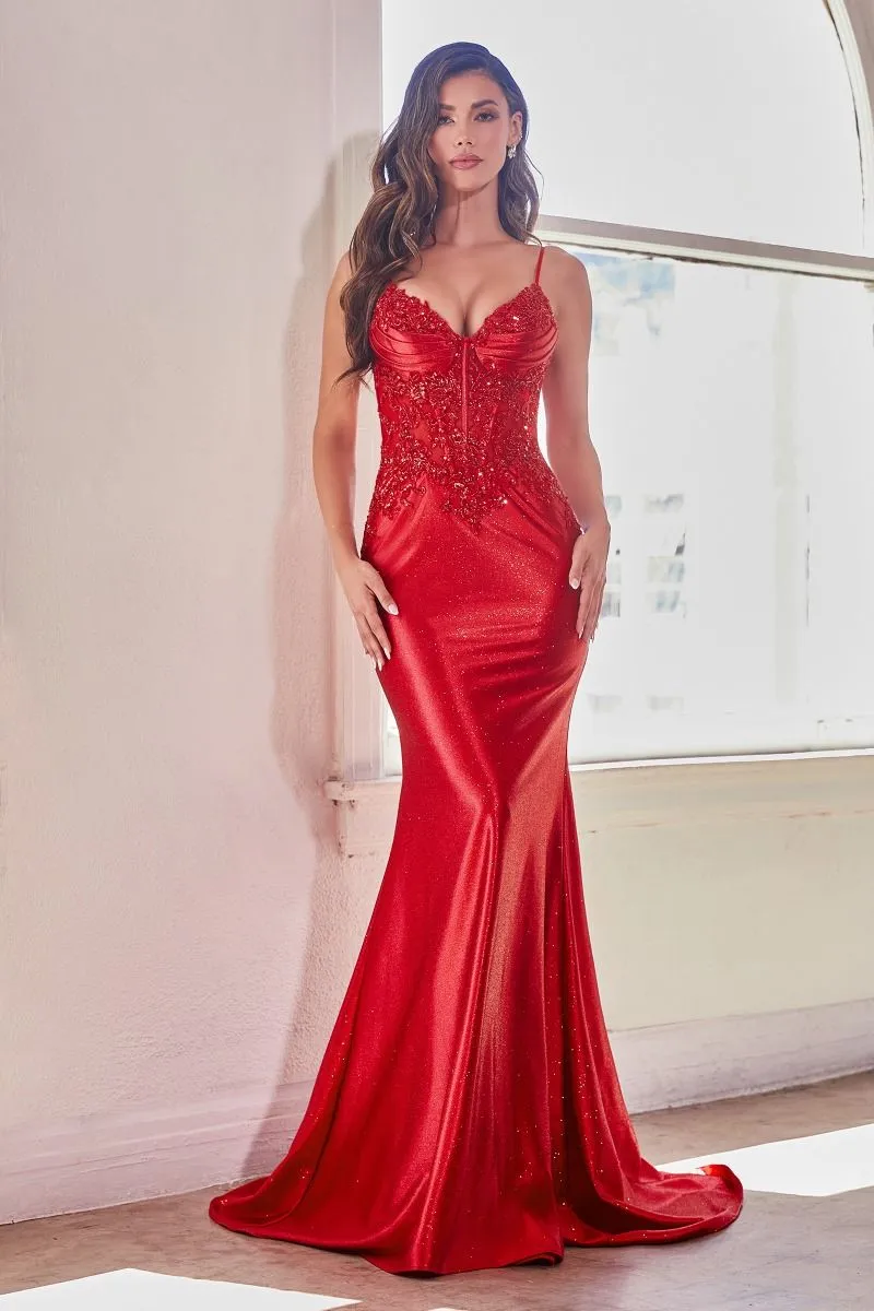CD CDS450 - Shimmery Stretch Satin Fit & Flare Prom Gown with Sequin Accented Sheer Boned Bodice