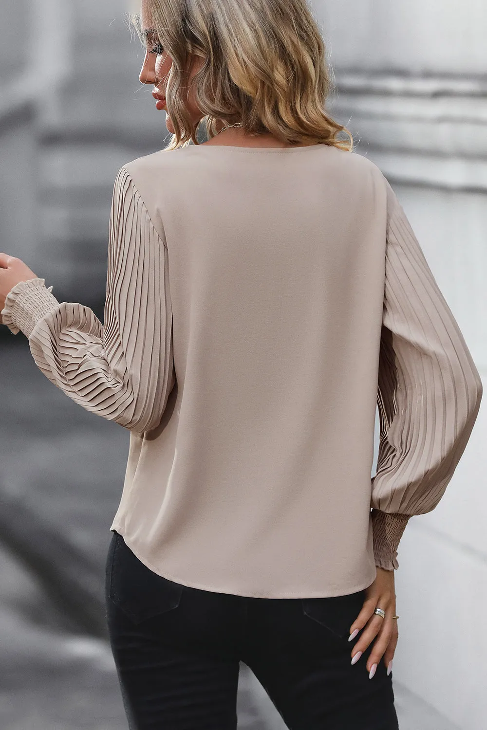 Claire Pleated Lantern Sleeve V-Neck Blouse