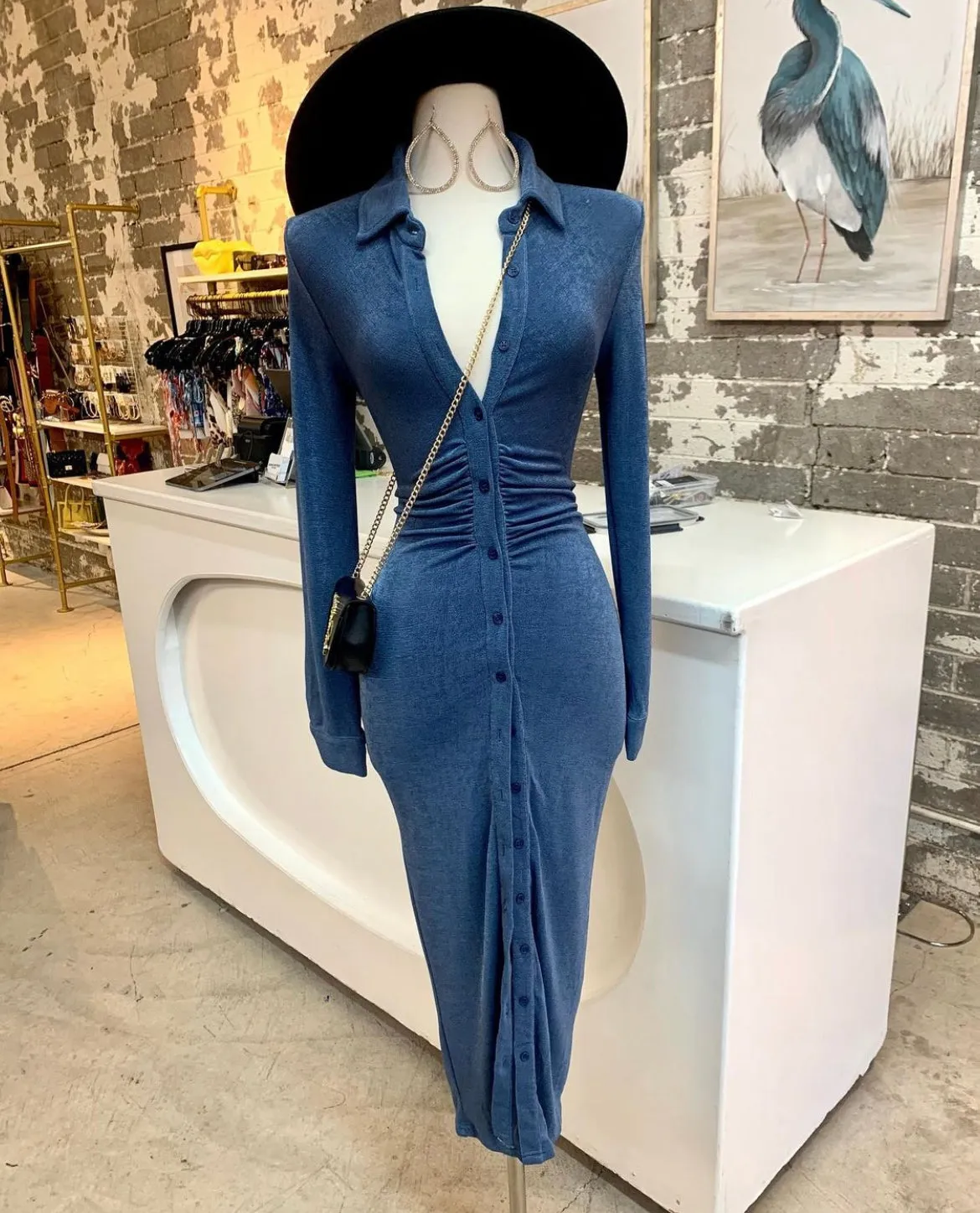 Collar Neck Button Long Sleeve Dress