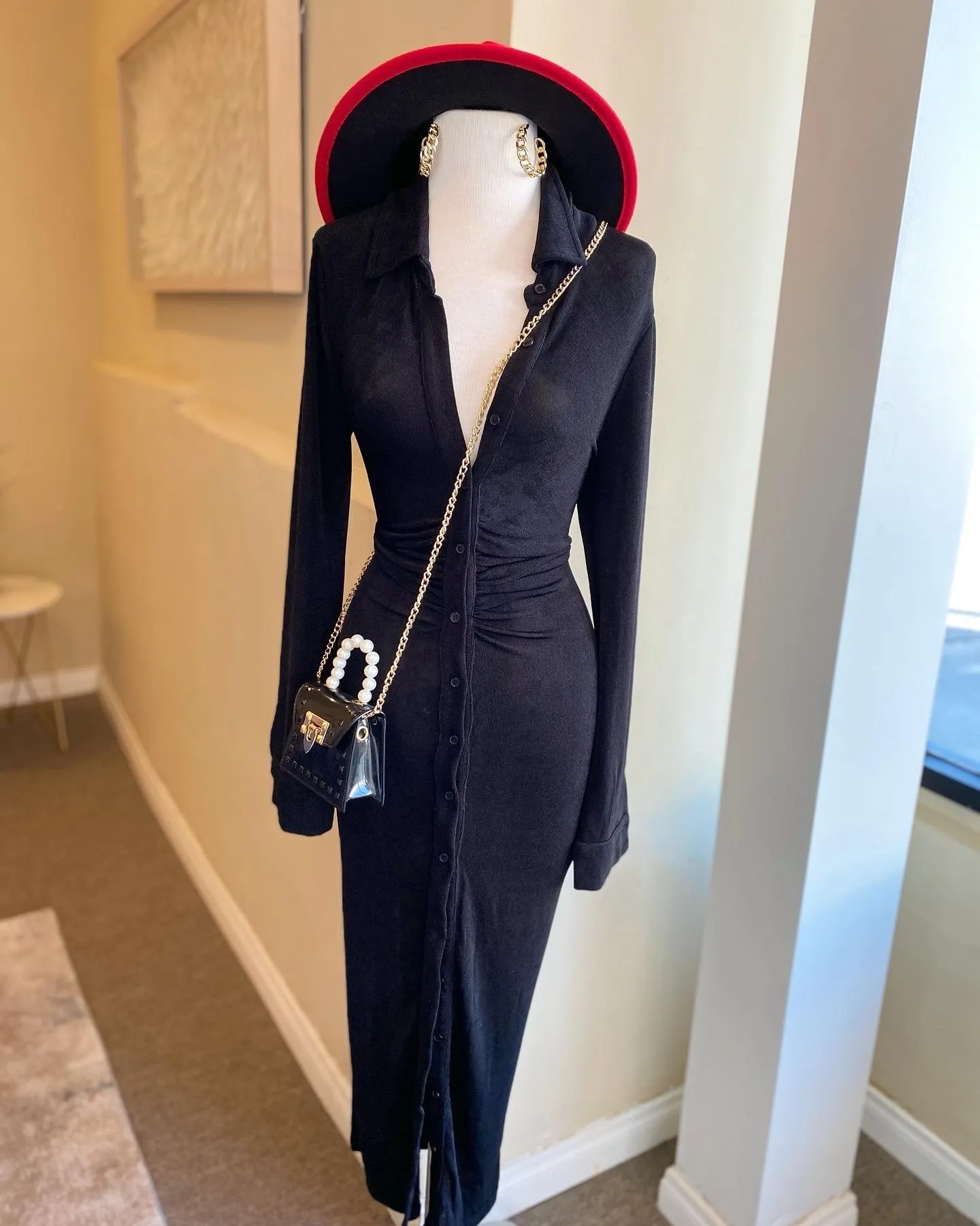 Collar Neck Button Long Sleeve Dress