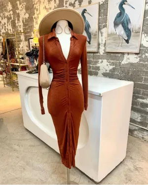 Collar Neck Button Long Sleeve Dress