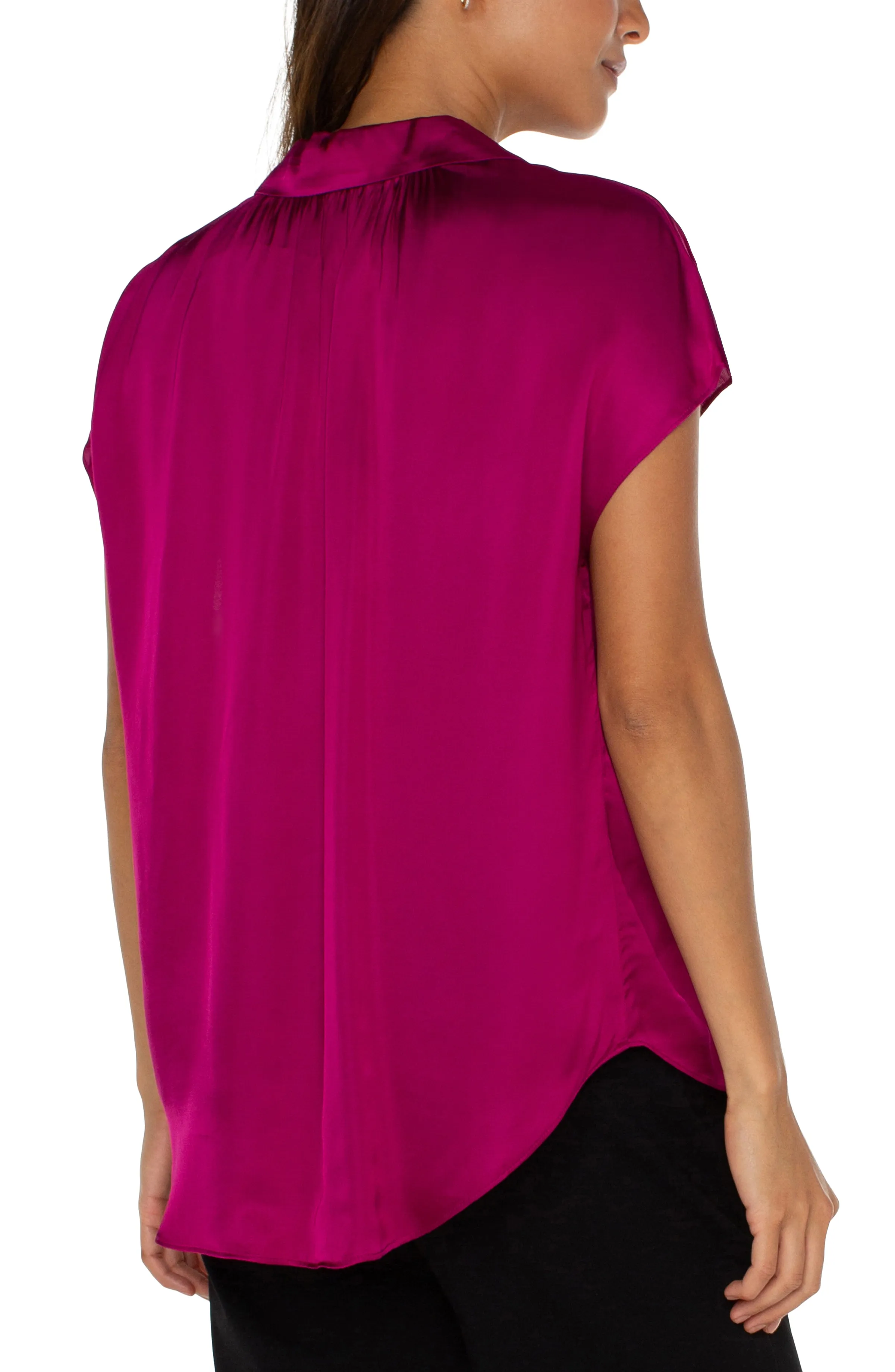 Collared Silky Button Down Blouse w Short Cap Dolman Slvs