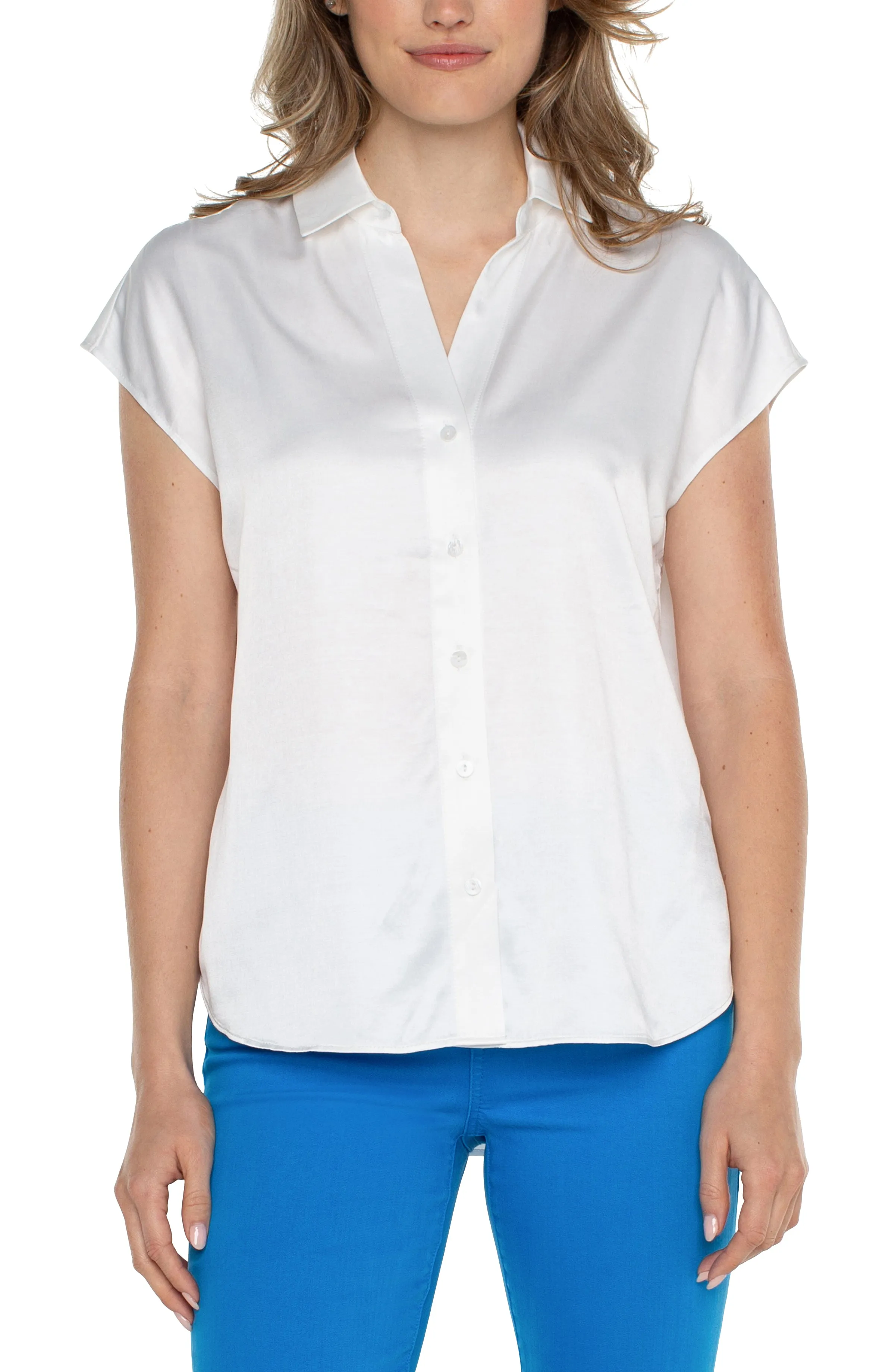 Collared Silky Button Down Blouse w Short Cap Dolman Slvs