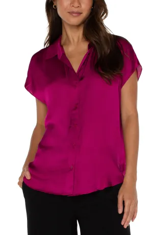 Collared Silky Button Down Blouse w Short Cap Dolman Slvs