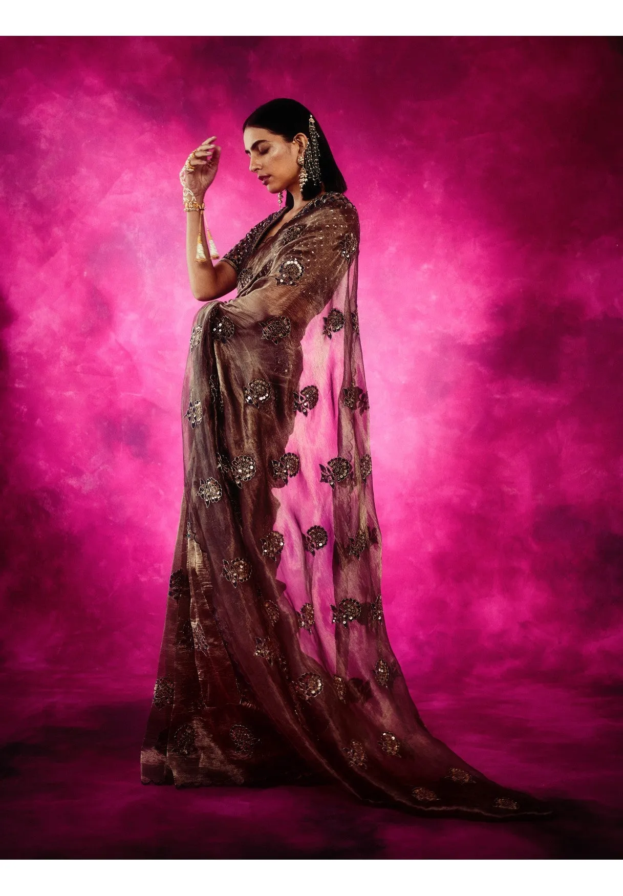 Copper Shimmer Organza Saree Set