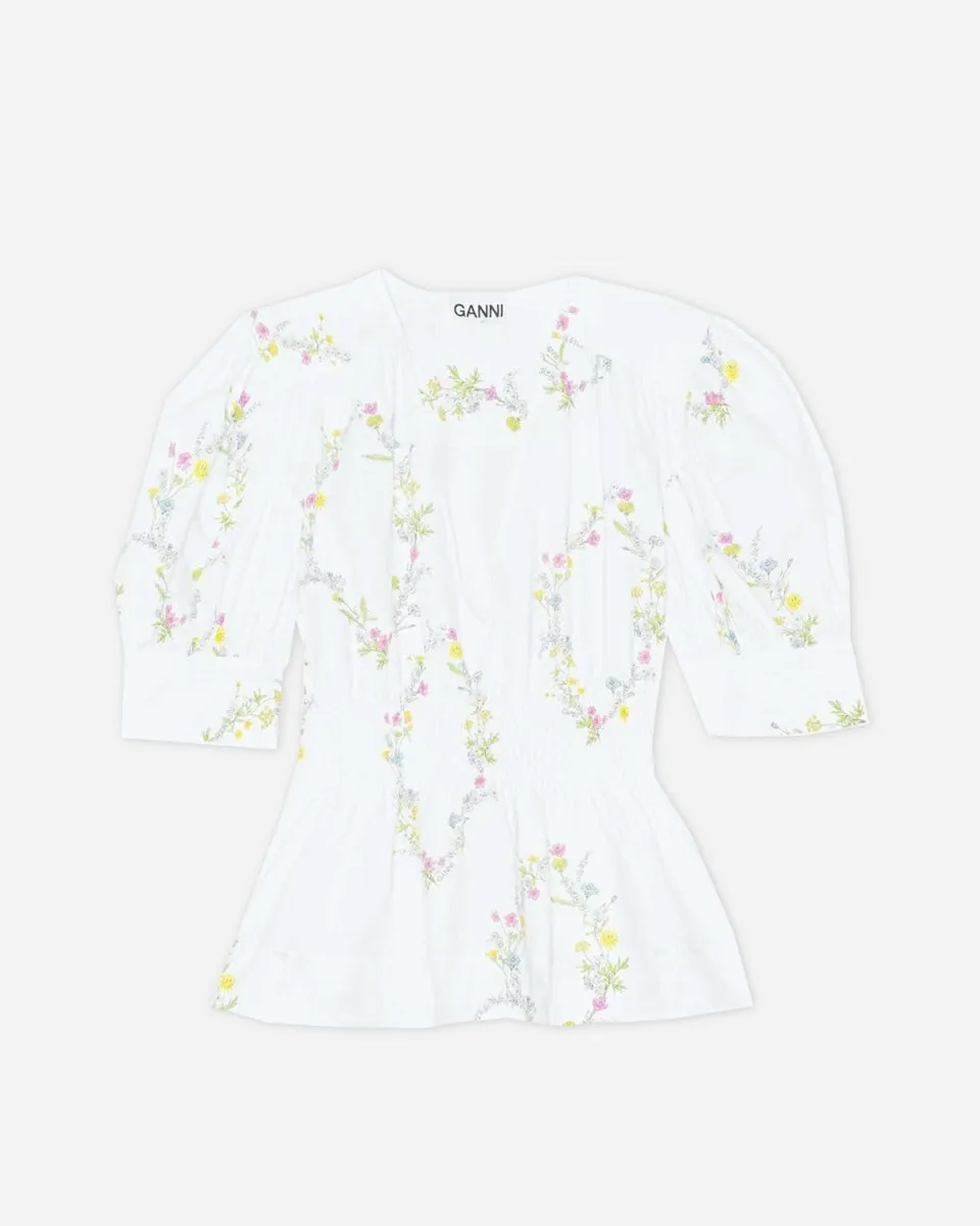 Cotton V-neck Smock Blouse - Bright White